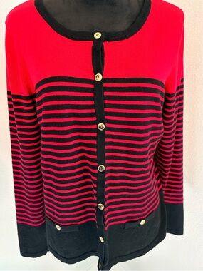 Karen Scott Red and Black Striped Button-Front Cardigan Excellent Condition